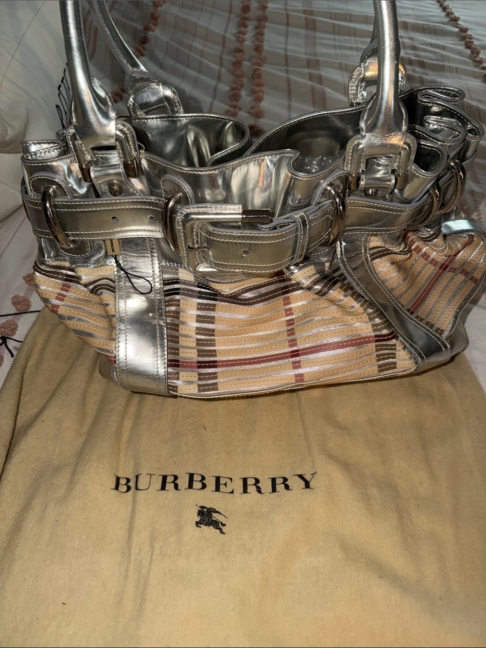 Burberry Beaton sliced Metallic Silver Trim Nova Check Shoulder Bag